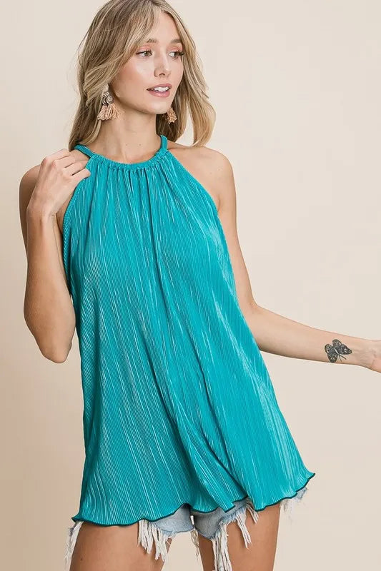 BiBi Pleating Knit Halter Neck Top TEAL