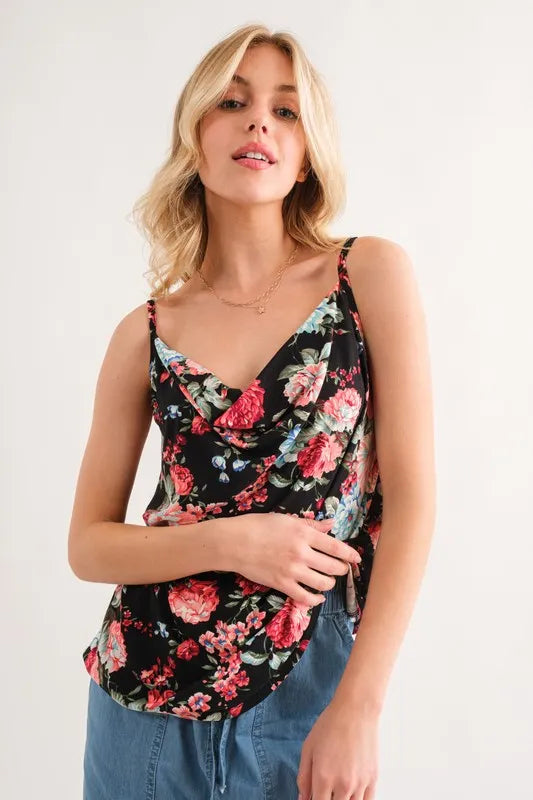 And The Why Floral Printed Casual Tank Top BLACK