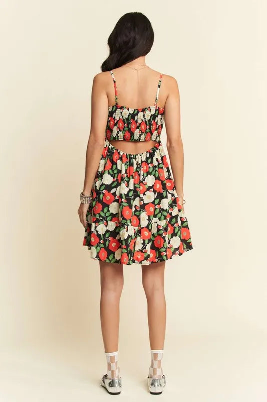 Davi & Dani Floral Scalloped Cutout Back Mini Dress