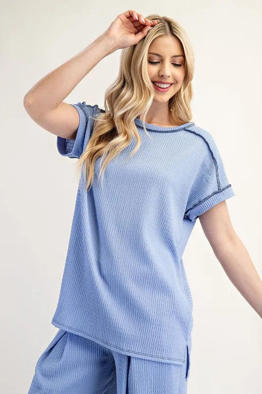 Celeste Full Size Relaxed-Fit Textured Top with Short Sleeves Plus Size Blue