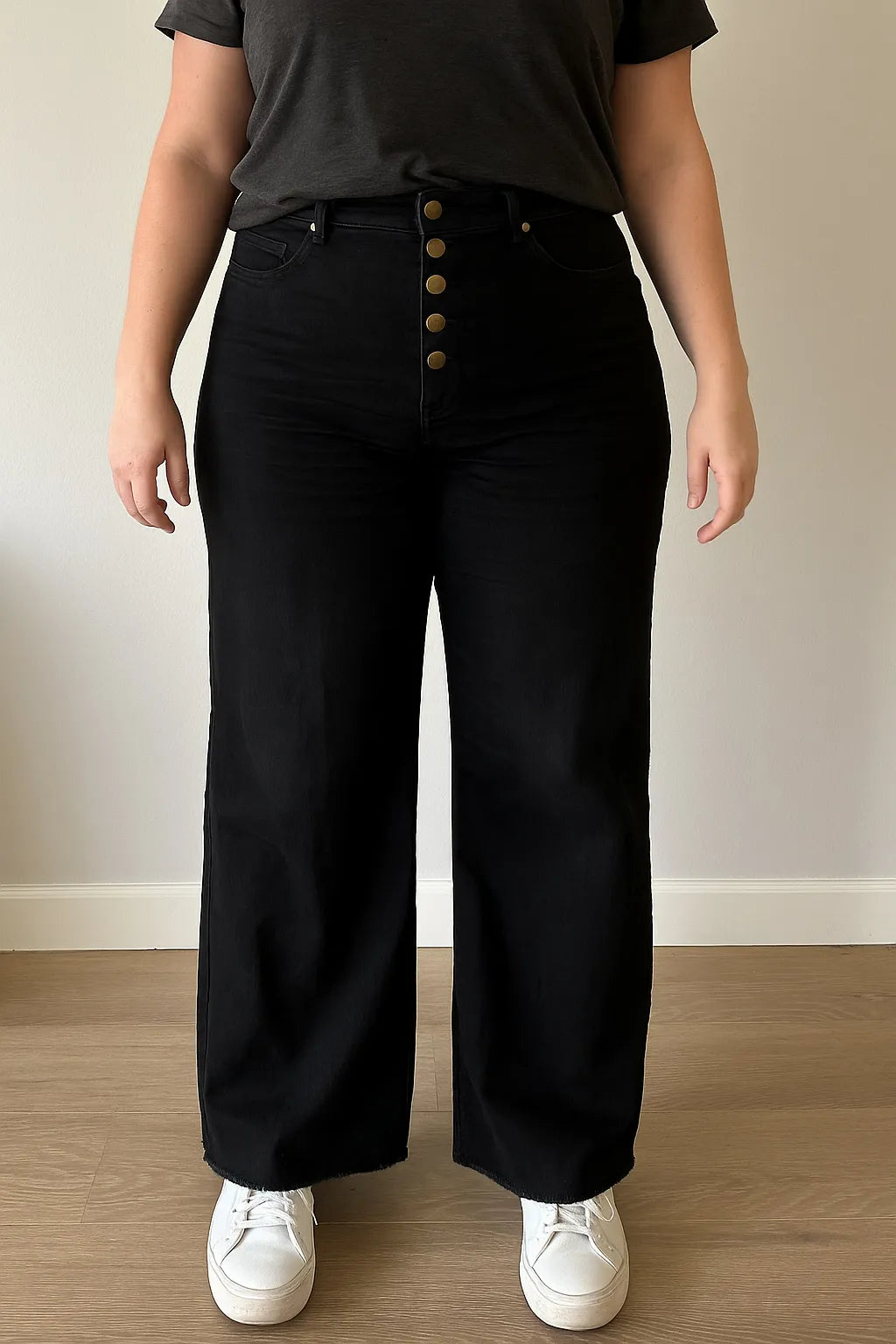 Mittoshop Twill High Waisted Button Fly Wide Leg Pants