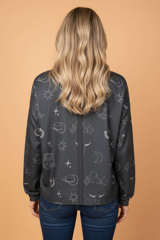 Western Crew Neck Long Sleeve Sweatshirt