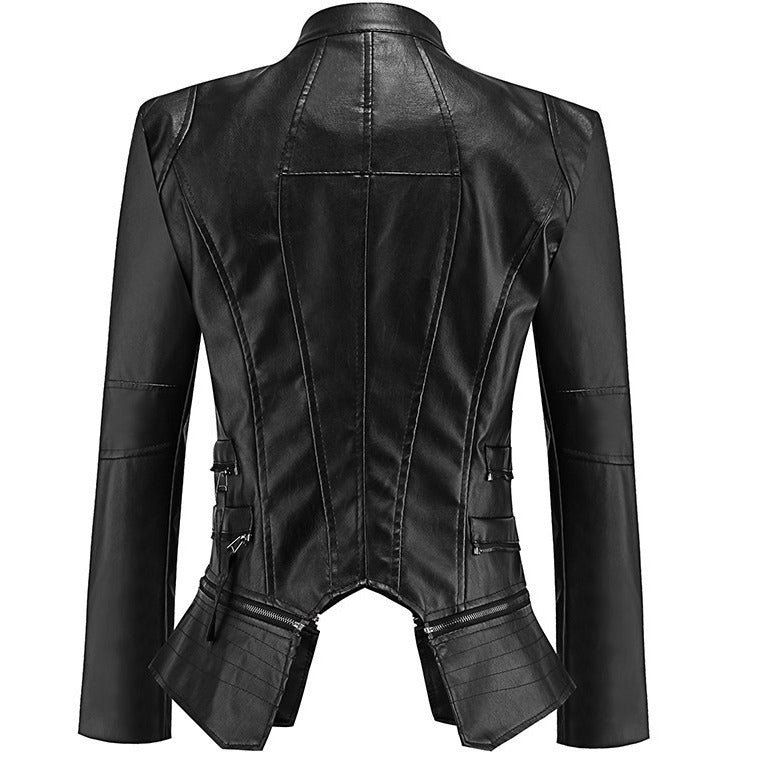 Black leather jacket shown from the back on a white background and showing the back of the jacket