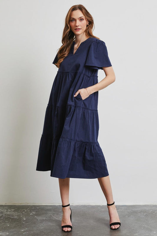 HEYSON Full Size Cotton Poplin Ruffled Tiered Midi Dress Navy