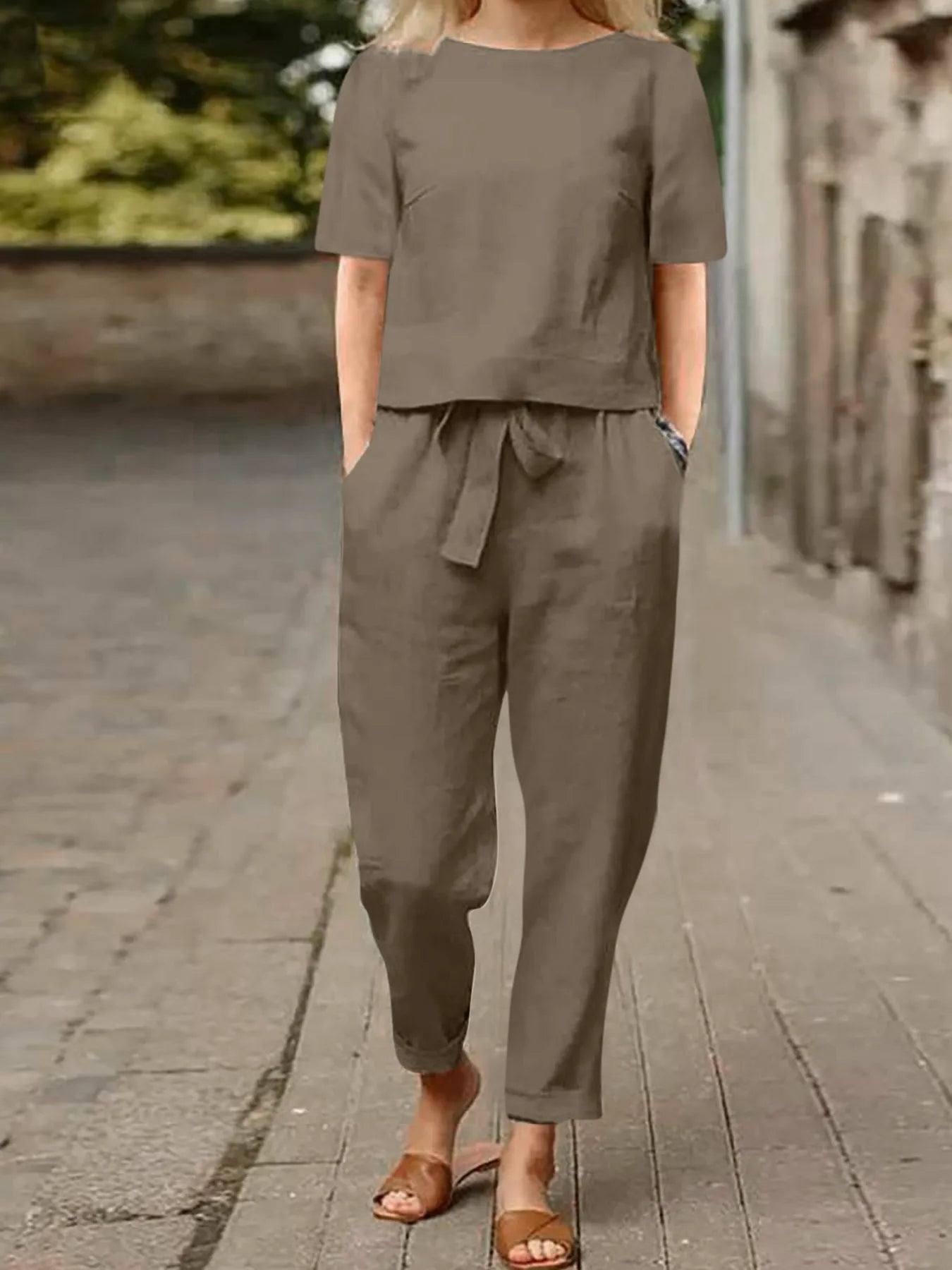 Full Size Round Neck Short Sleeve Top and Pants Set Plus Size