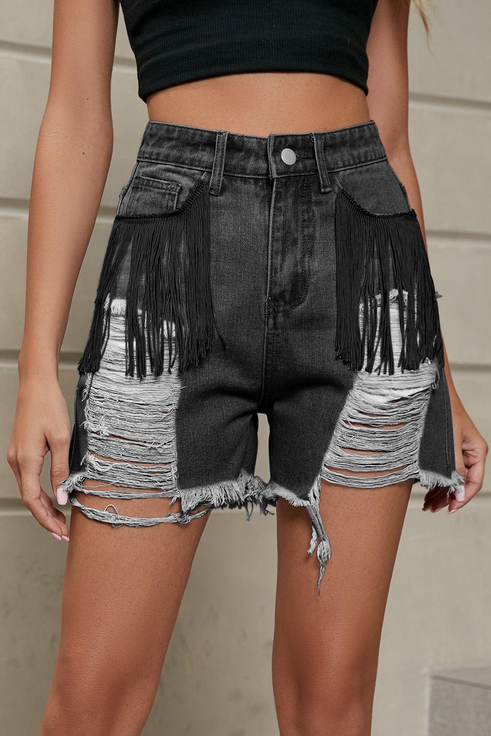 Fringe Trim Distressed Denim Shorts with Pockets Dark