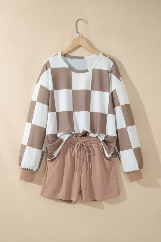 Checker Long Sleeve Top & Drawstring Shorts Set
