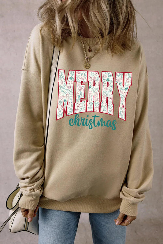 MERRY CHRISTMAS Round Neck Long Sleeve Sweatshirt Khaki