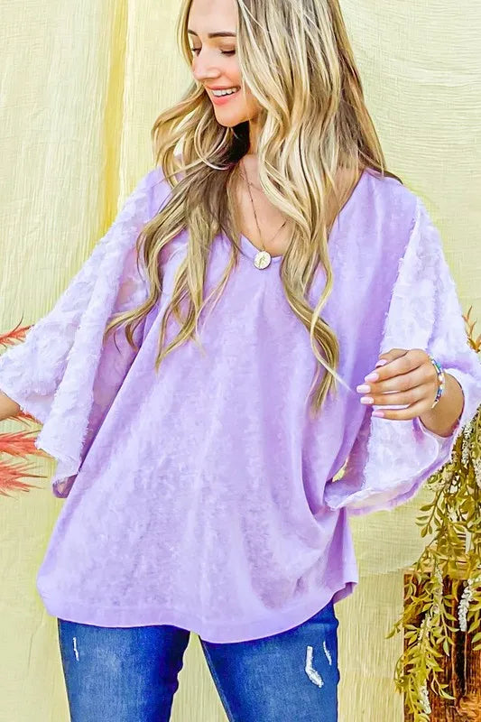And The Why Feather Detailed 3/4 Sleeve Slub Top