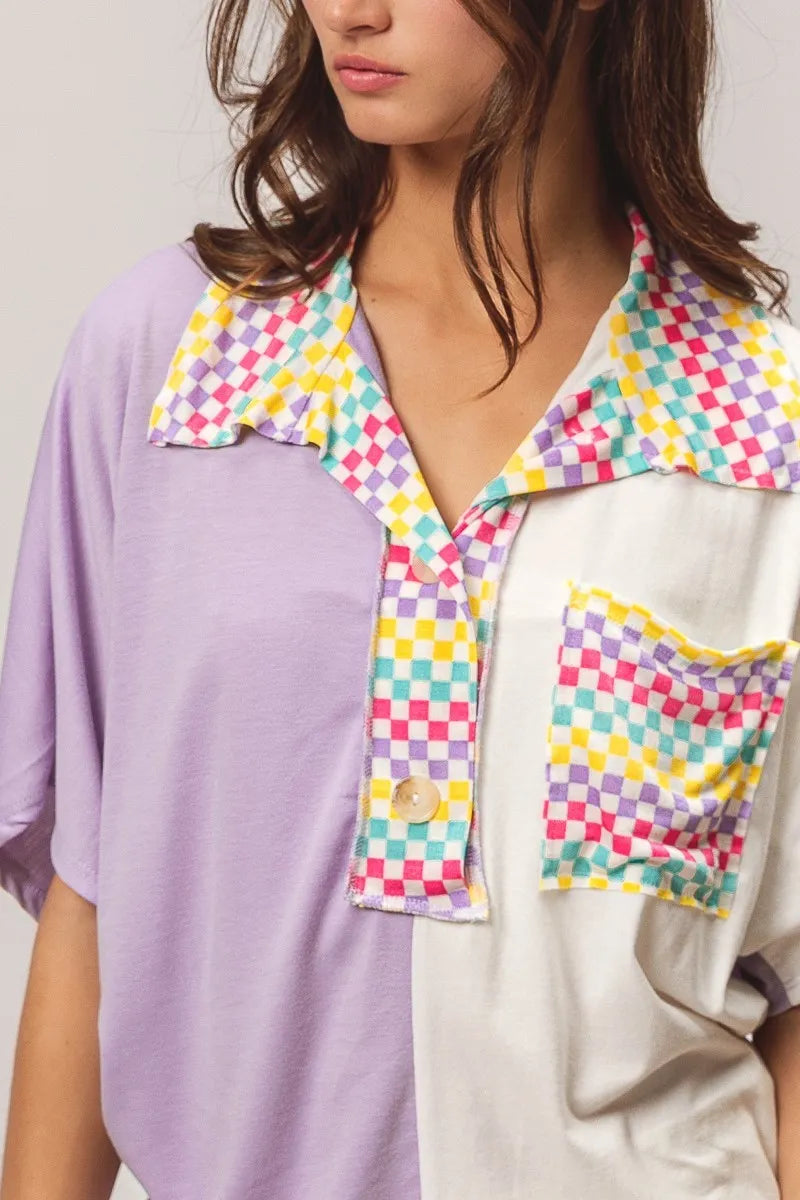 BiBi Color Block Knit with Multi Checker Contrast Top