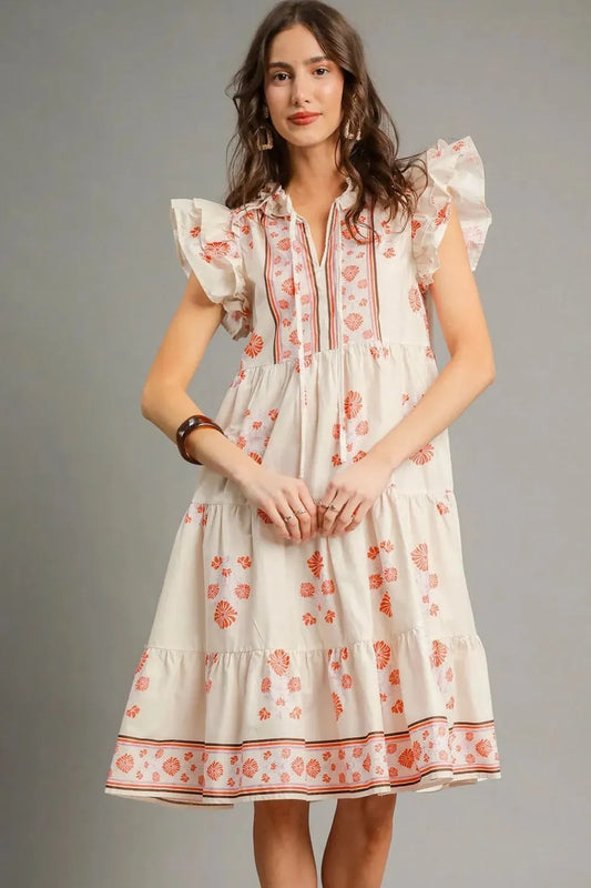 Umgee Printed Tie Neck Ruffle Cap Sleeve Dress Burnt Coral