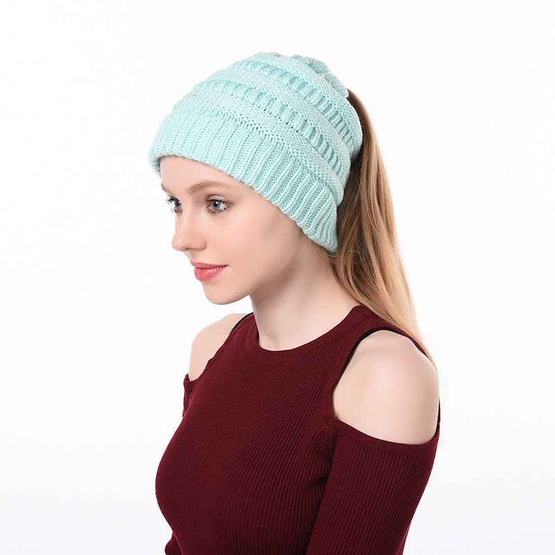 Womens Knitted Ponytail Hat Winter Warm Cap Lake Blue Without label