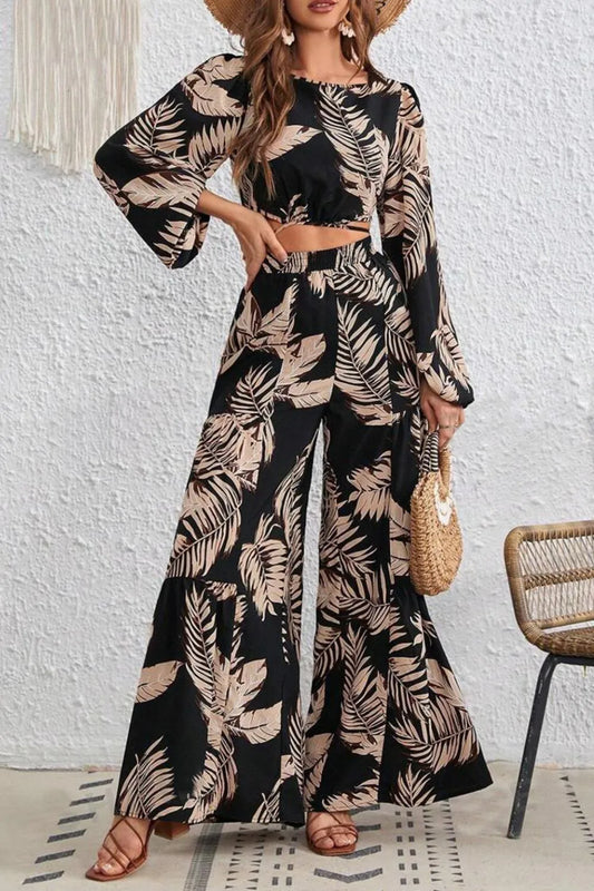 Printed Round Neck Long Sleeve Top and Pants Set Black