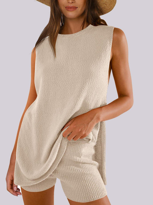Mandy Side Slit Round Neck Tank and Shorts Sweater Set Dust Storm