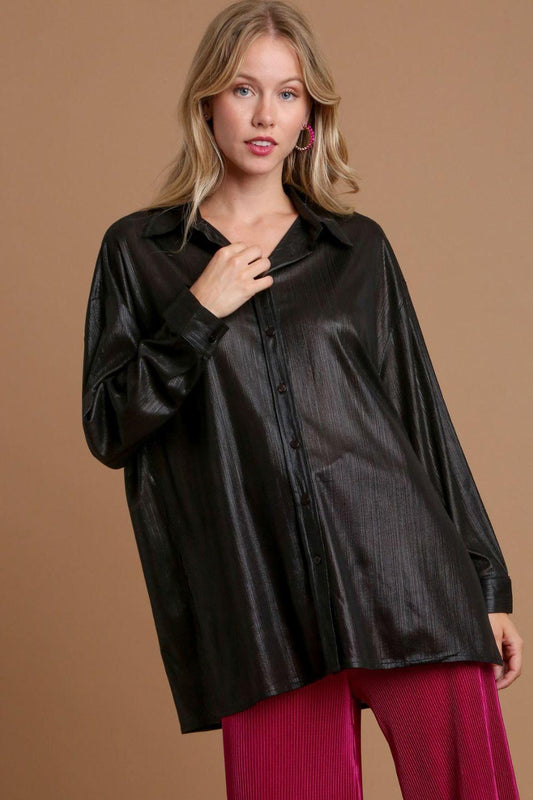 Umgee Side Slit Button Up Long Sleeve Shirt Black