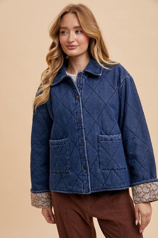 Annie Wear Quilted Printed Lining Snap Down Denim Jacket Dark Blue