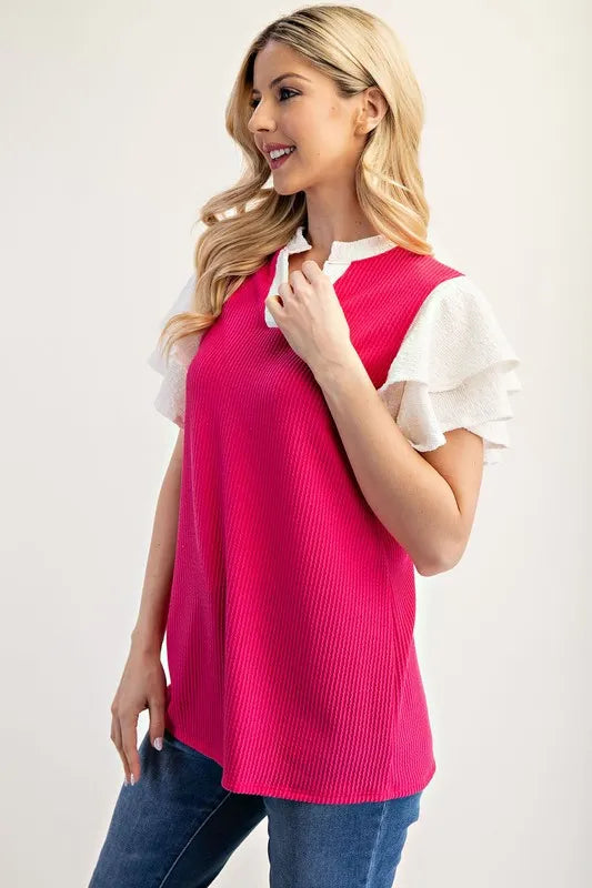 Celeste Full Size Solid Color Top with Ruffle Layered Sleeves Plus Size
