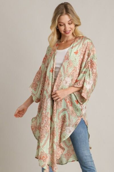 Umgee Full Size Mixed Print Open Front Kimono with Ruffle Sleeves Plus Size PISTACHIO MIX