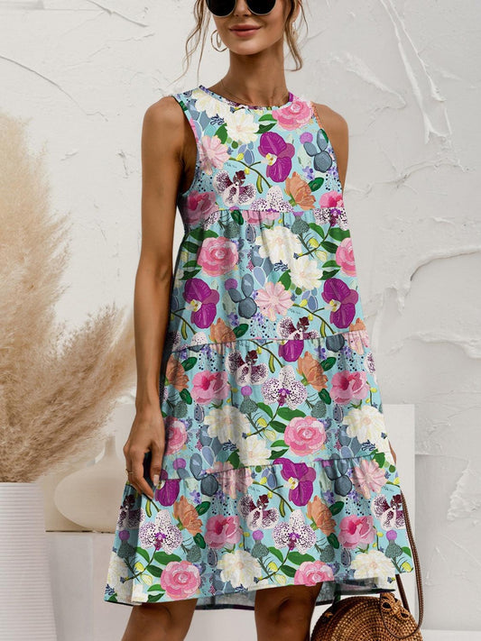 FAM-FAM Printed Round Neck Sleeveless Tiered Dress Floral