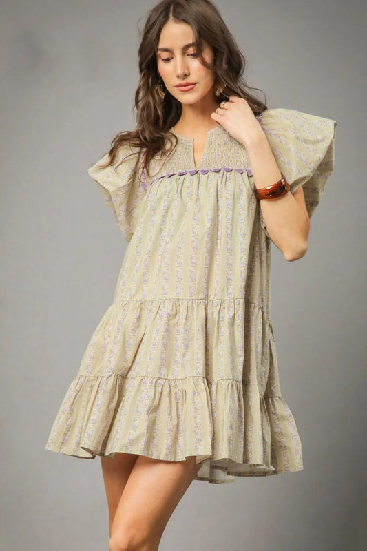 Umgee Floral Ruffled Cap Sleeve Tiered Mini Dress Sage