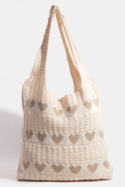 Fame Contrast Heart Crochet Tote Bag Khaki One Size