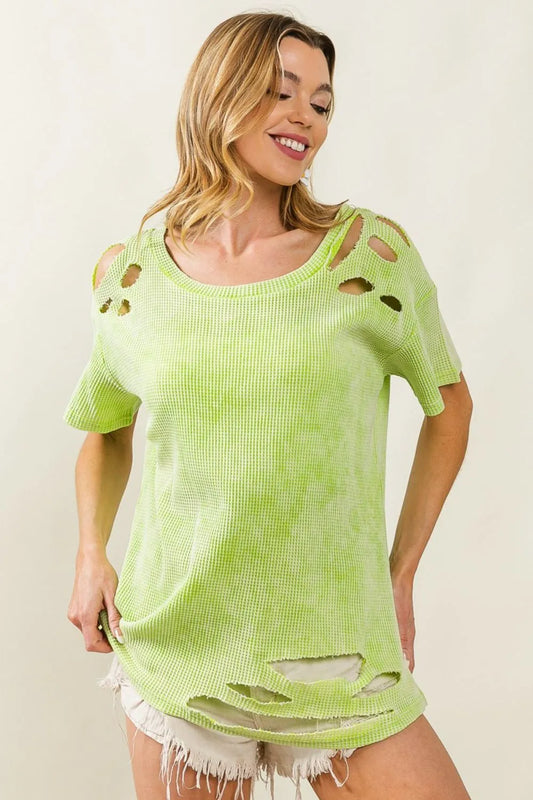BiBi Laser Cut Mineral Washed Loose Fit Thermal Top NEON GREEN