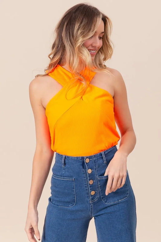BiBi Rib Knit Cross Neck Banded Top
