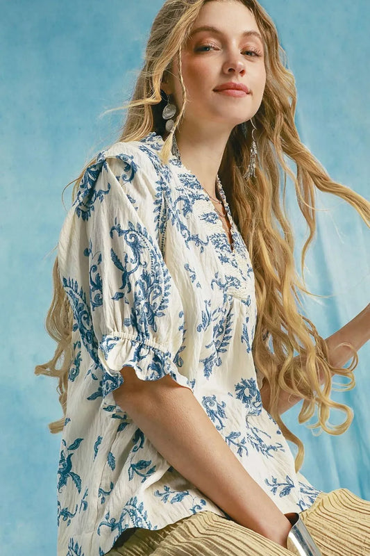 Umgee Ruffle Details Printed Half Sleeve Blouse Sky Blue
