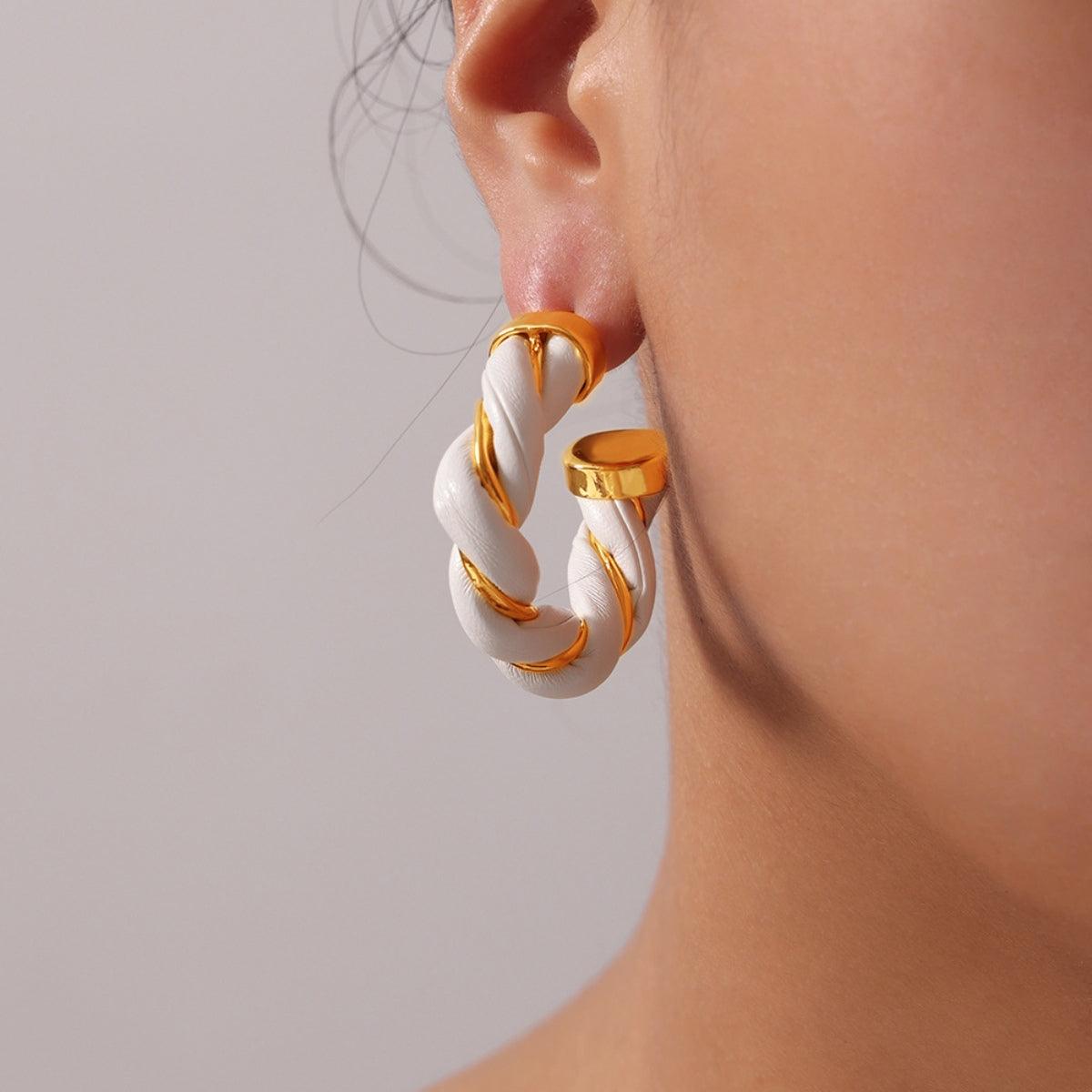 Twisted Leather Rope C-Hoop Earrings White One Size