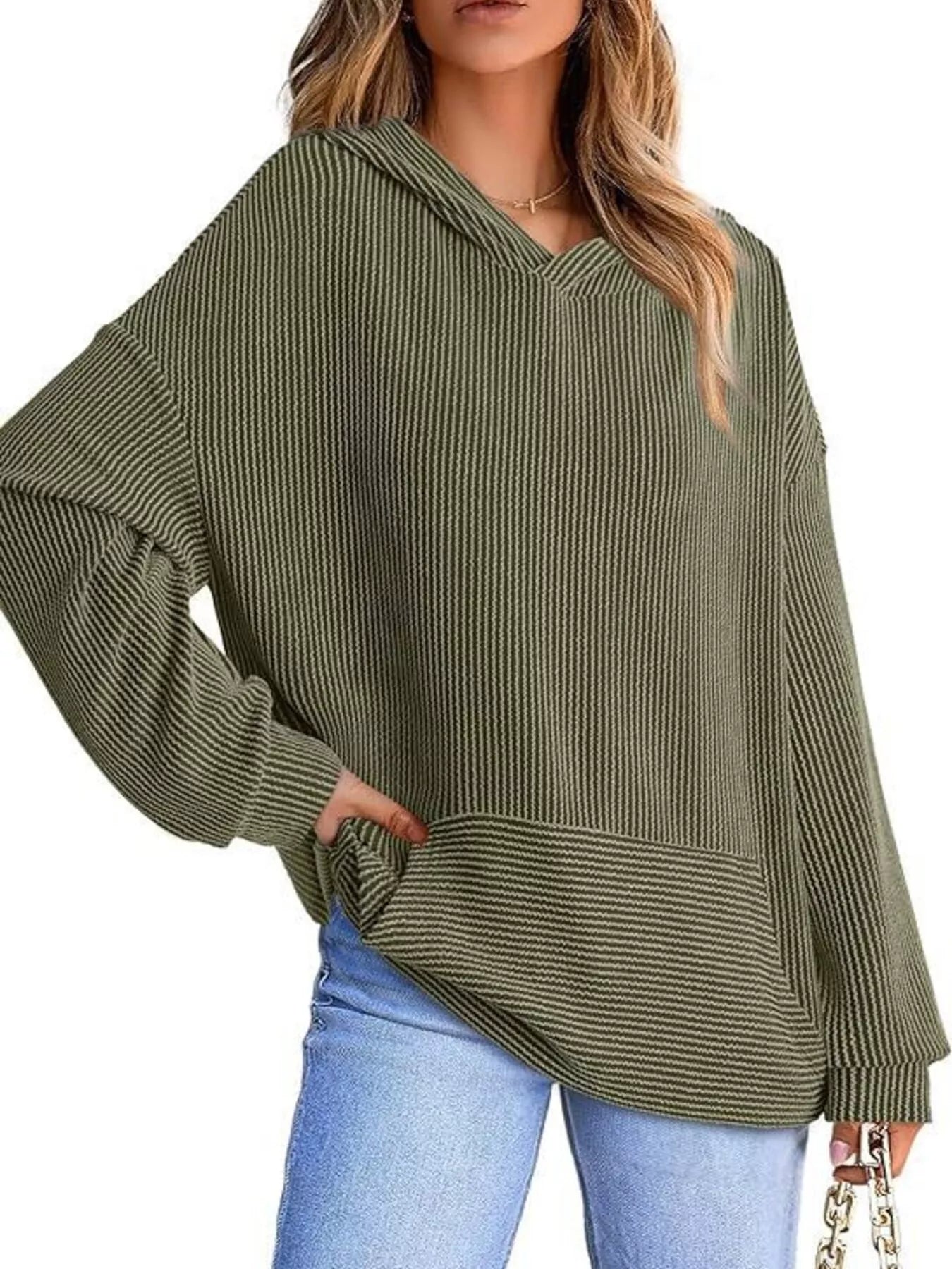 Ribbed Oversized Hoodie Sweatshirt with Pocket