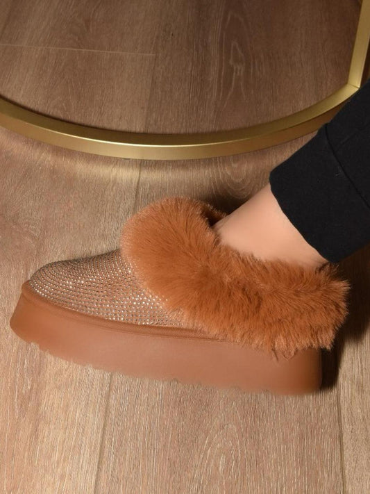 WILD DIVA Embellished Faux Fur Platform Booties Chestnut