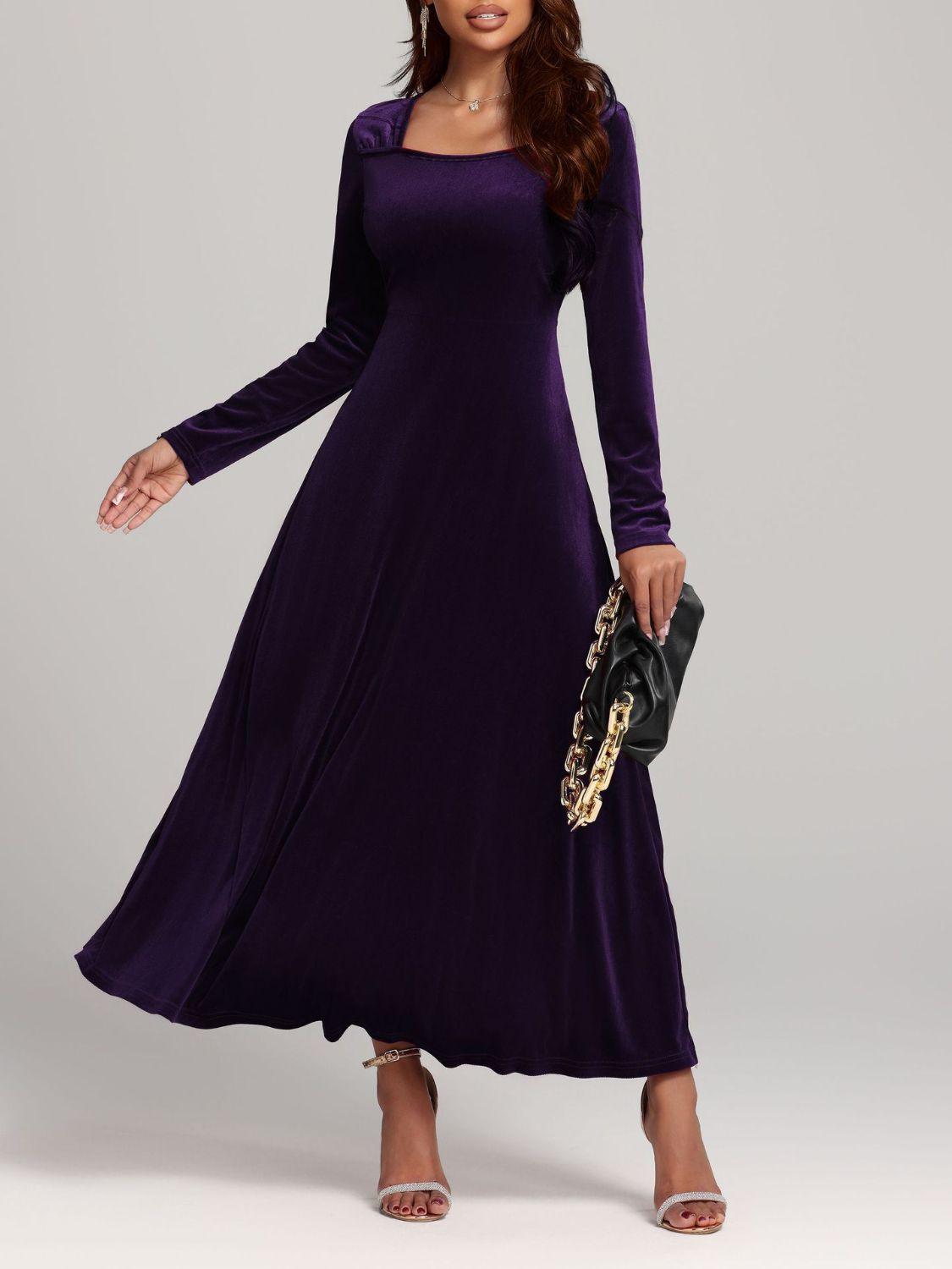 Square Neck Long Sleeve Velvet Dress Violet