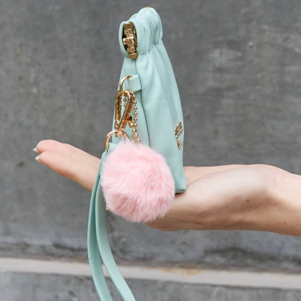 Faux Leather Women Pouch with Pompom Keychain - Nicole Lee USA