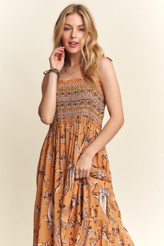 ADORA Smocked Printed Square Neck Tie Shoulder Cami Dress Mustard