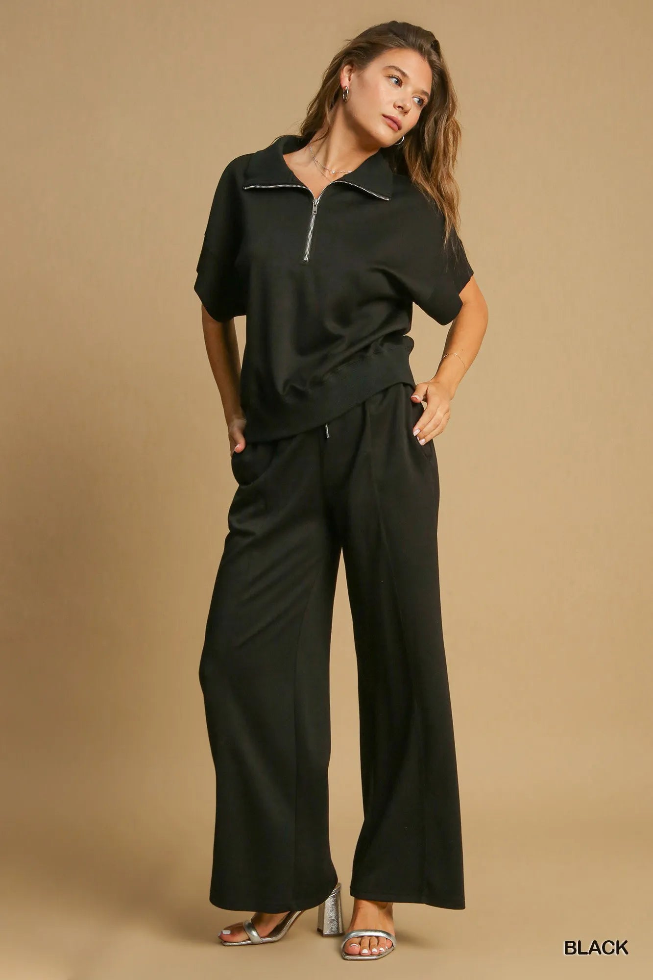 Umgee Full Size Half-Zip Short Sleeve Top Plus Size