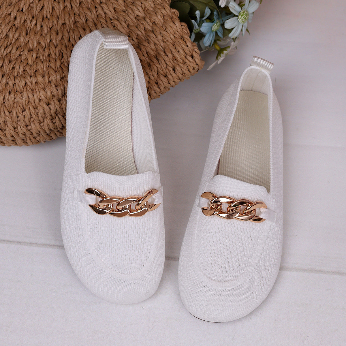 Women's Breathable Metal Chain Loafers - Soft Sole Slip-On Flats