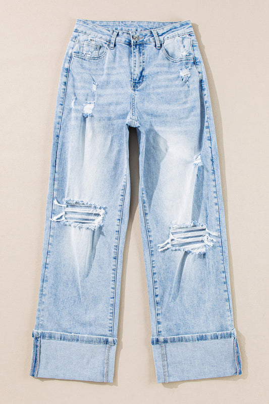 Distressed Denim Light Wash Straight Leg Jeans