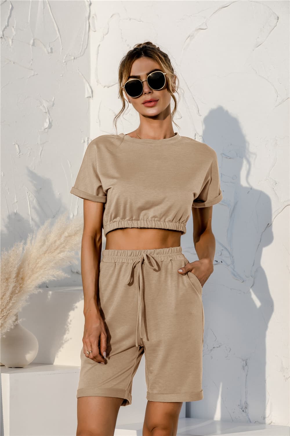 Short Sleeve Cropped Top and Drawstring Shorts Lounge Set Tan