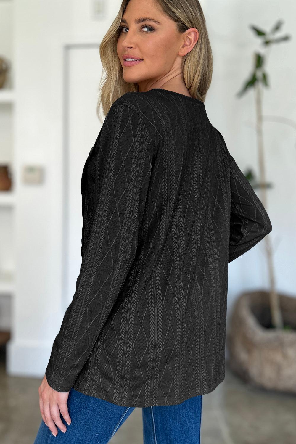 Slit Round Neck Long Sleeve T-Shirt Black