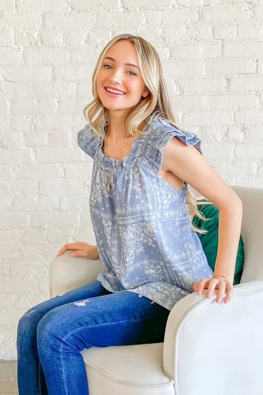 And The Why Boho Print Rayon Linen Ruffle Baby Doll Tank Top