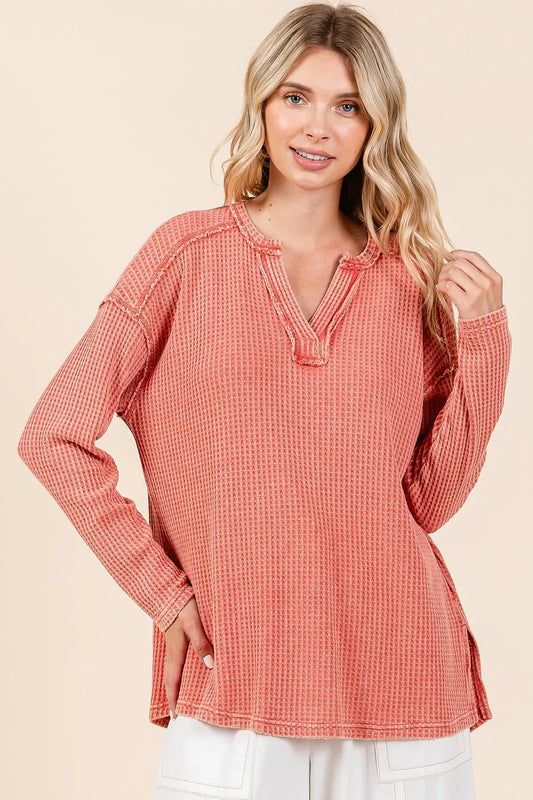 Mittoshop Mineral Wash Waffle Knit V-Neck Long Sleeve Top RUST