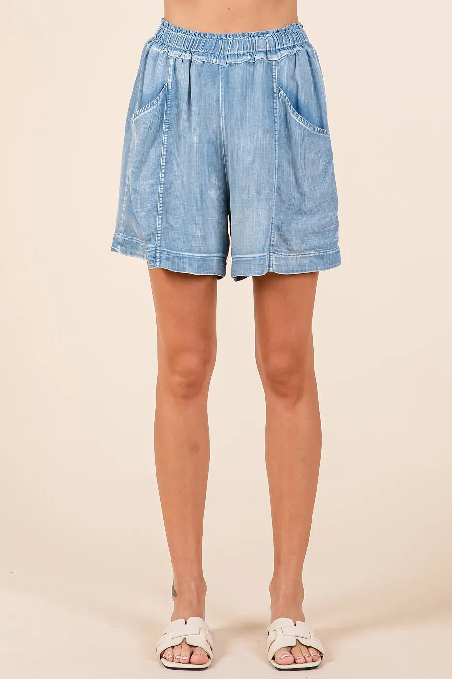 Mittoshop Washed Chambray Elastic Waist Easy Fit Shorts LT DENIM