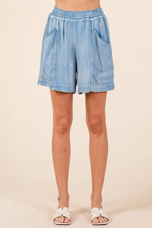 Mittoshop Washed Chambray Elastic Waist Easy Fit Shorts LT DENIM