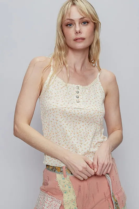 POL Floral Scoop Neck Adjustable Strap Cami Cream