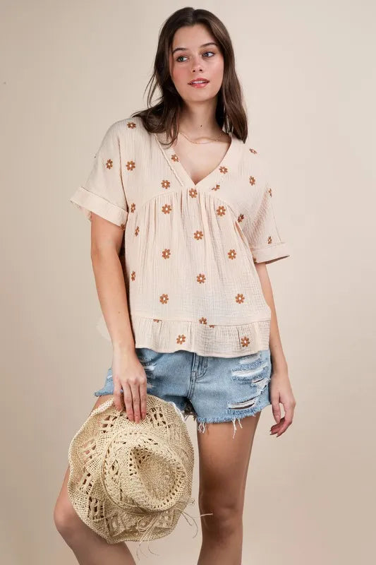 VERY J Flower Embroidered Woven Blouse