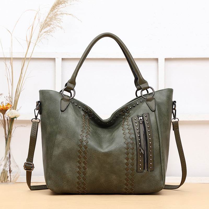 Ladies Trend One Shoulder Crossbody Tote Bag - PU Large Rivet Horizontal Square Bag