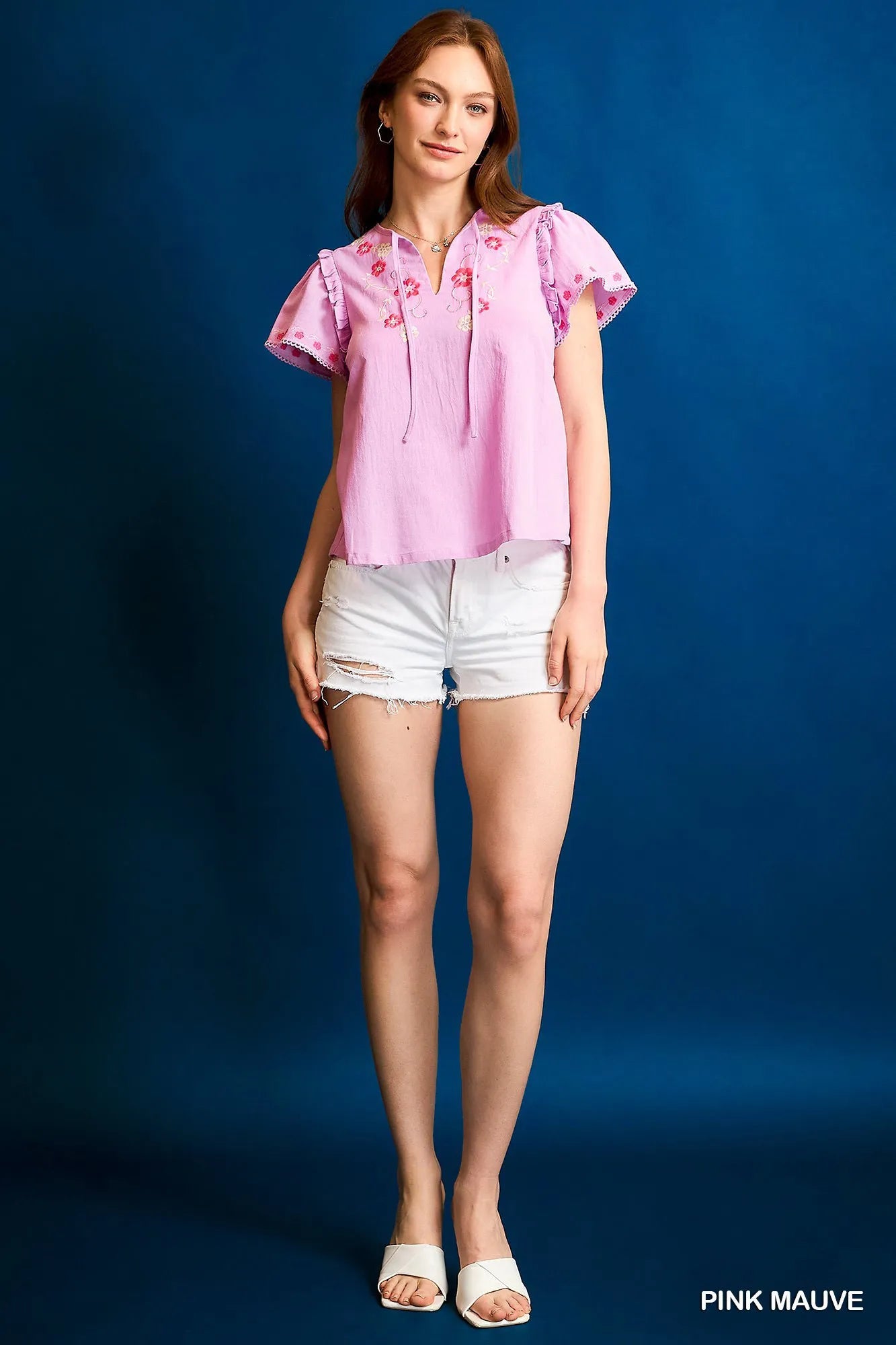 Umgee Floral Embroidered Tie Neck Short Sleeve Blouse PINK MAUVE