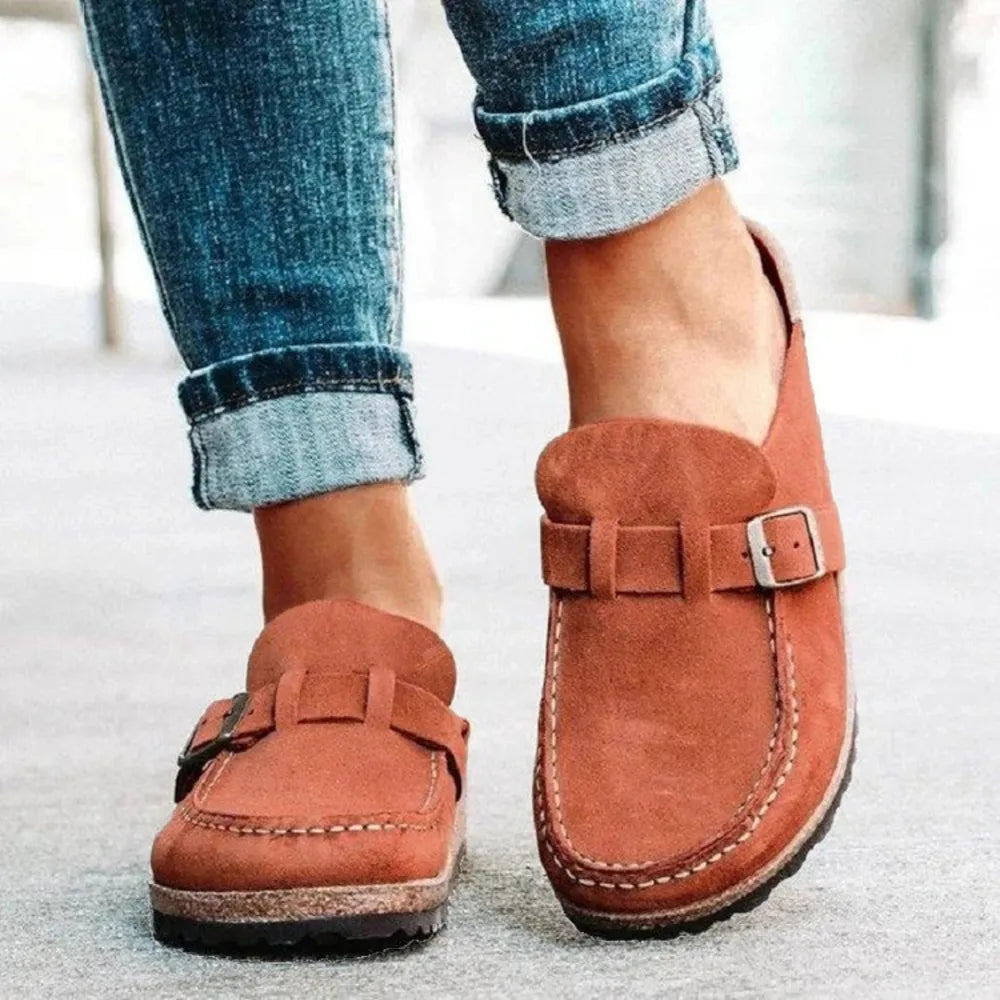Round Toe Low Heel Buckle Loafers Caramel