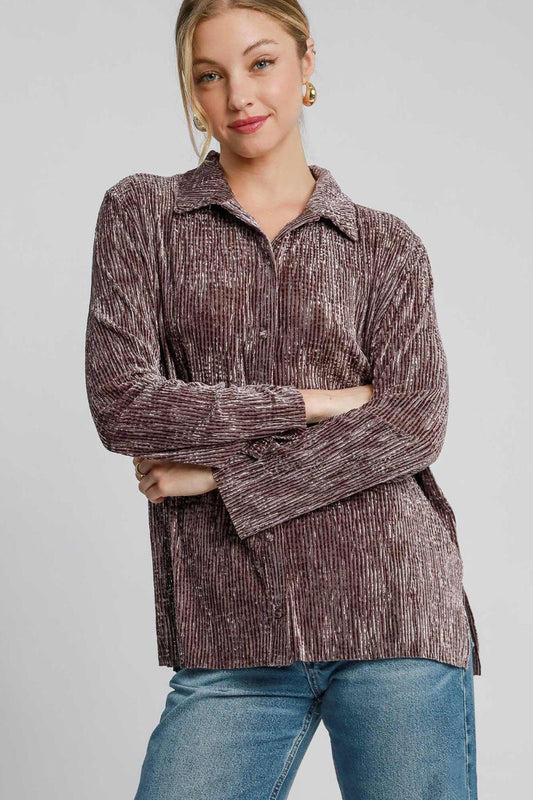 Umgee Side Slit Texture Button Up Shirt Brown