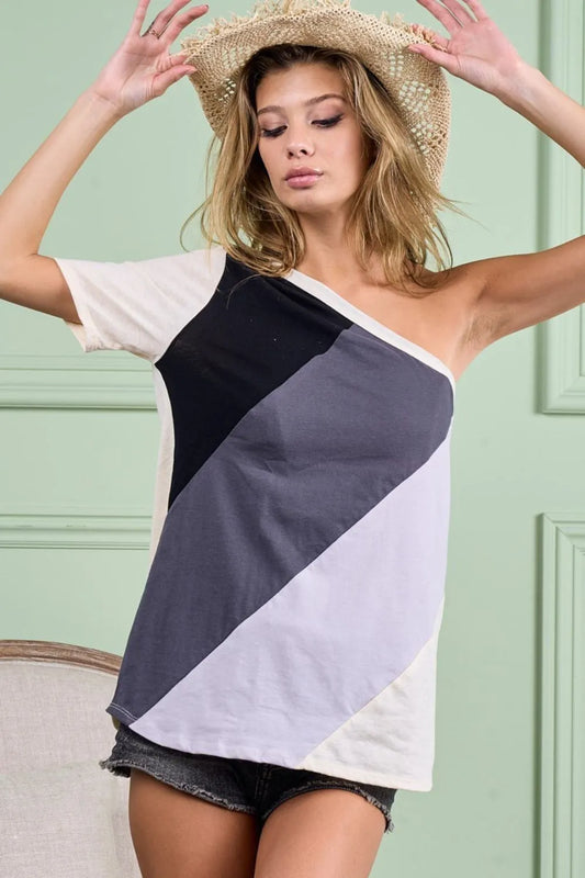 BiBi Cotton Color Block One Shoulder Top BLACK CHARCOAL GREY